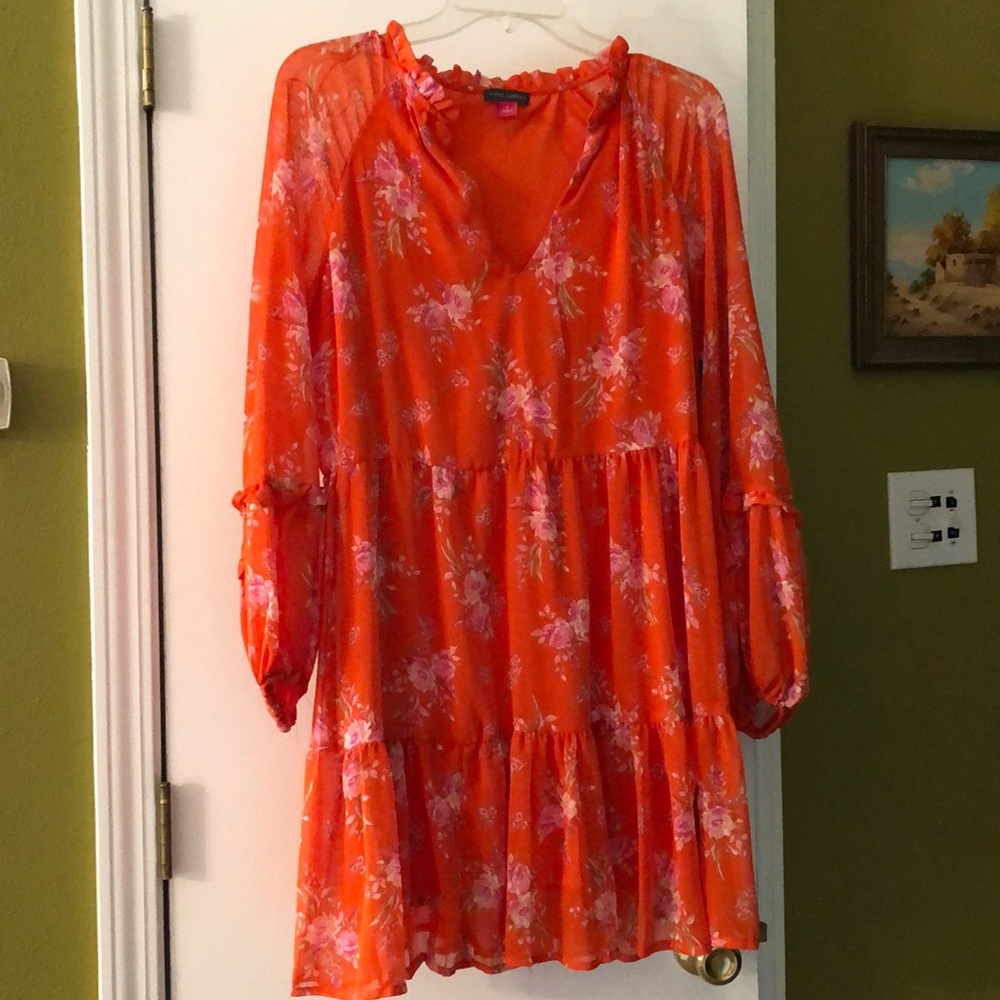 Vince Camuto NWT orange tiered, split neck,long sleeve  dress